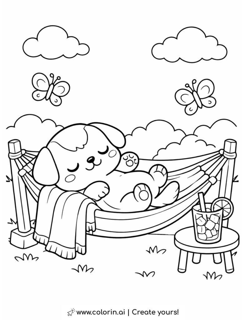 sleeping puppy in garden hammock coloring page with butterflies clouds and lemonade coloring page