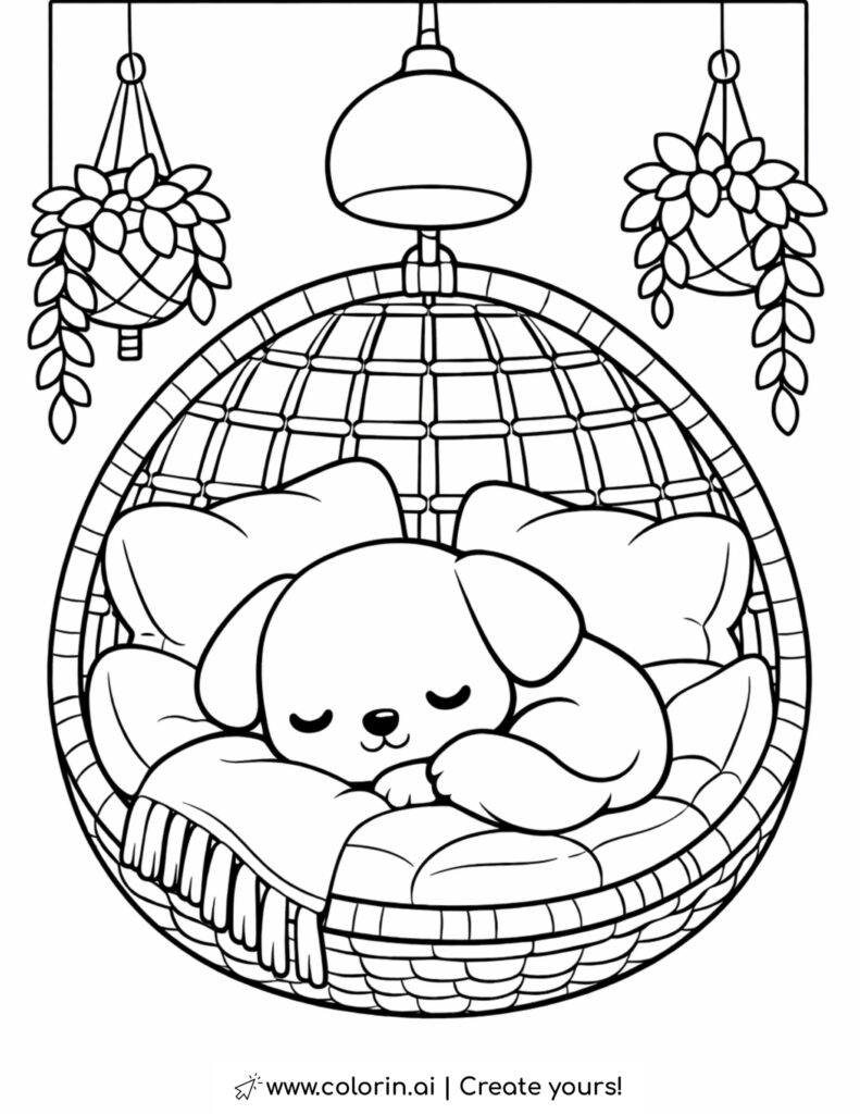 sleeping puppy in hanging chair coloring page with pillows hanging plants and lamp coloring page