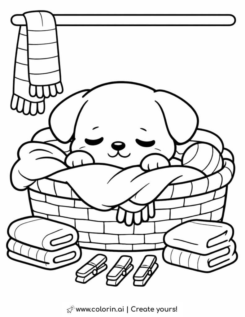 sleeping puppy in laundry basket coloring page with blankets socks and laundry clips coloring page