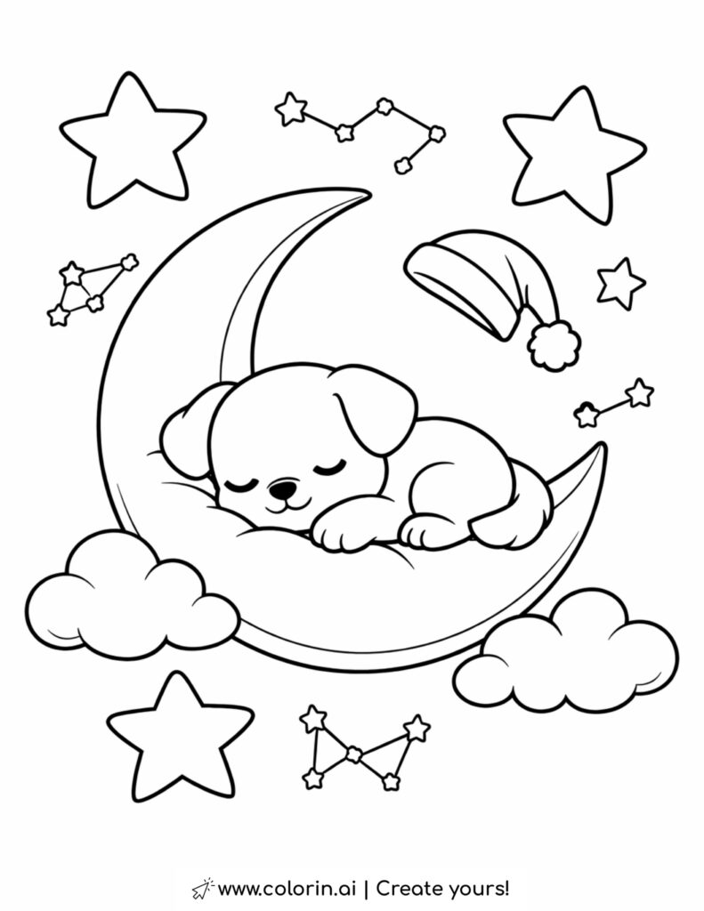 sleeping puppy on a crescent moon coloring page with stars clouds and a night sky