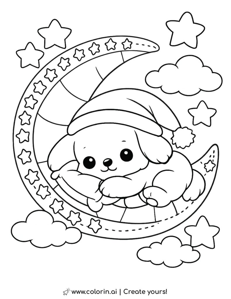 sleeping puppy on a starry crescent moon coloring page with clouds stars and a night sky