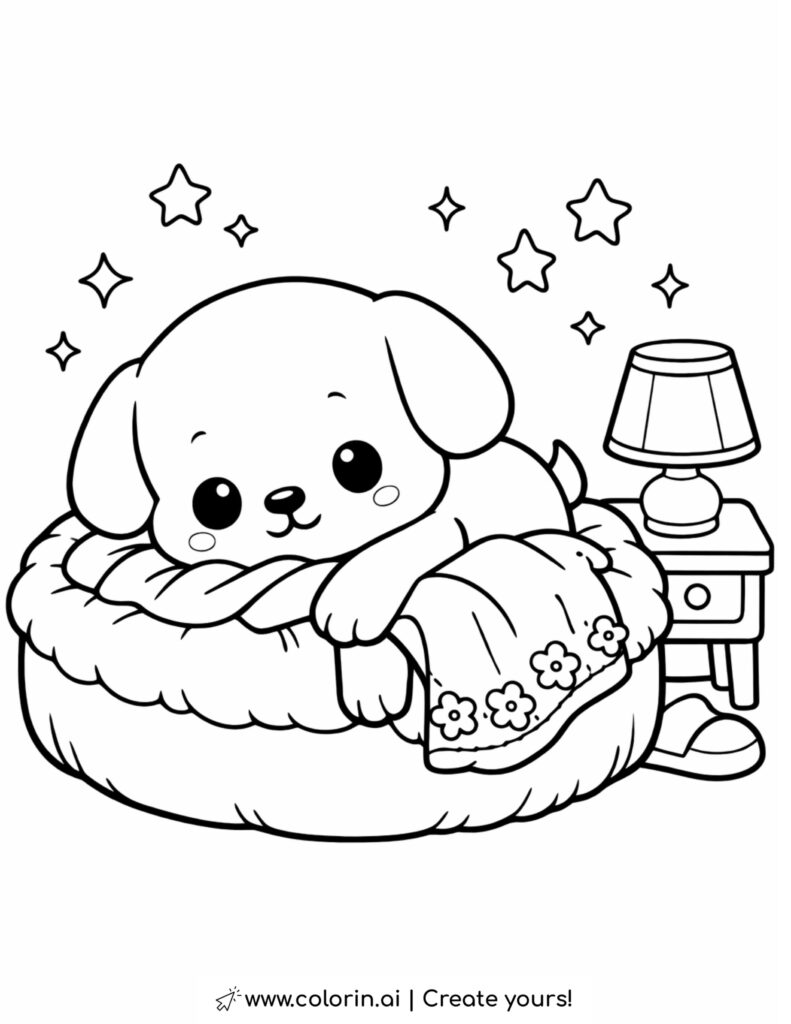 sleepy puppy in cozy bed coloring page with stars blanket bedside lamp and slippers coloring page