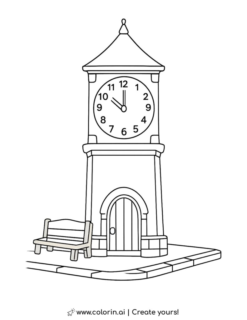 small neighborhood clock tower coloring page featuring arched door and bench coloring page