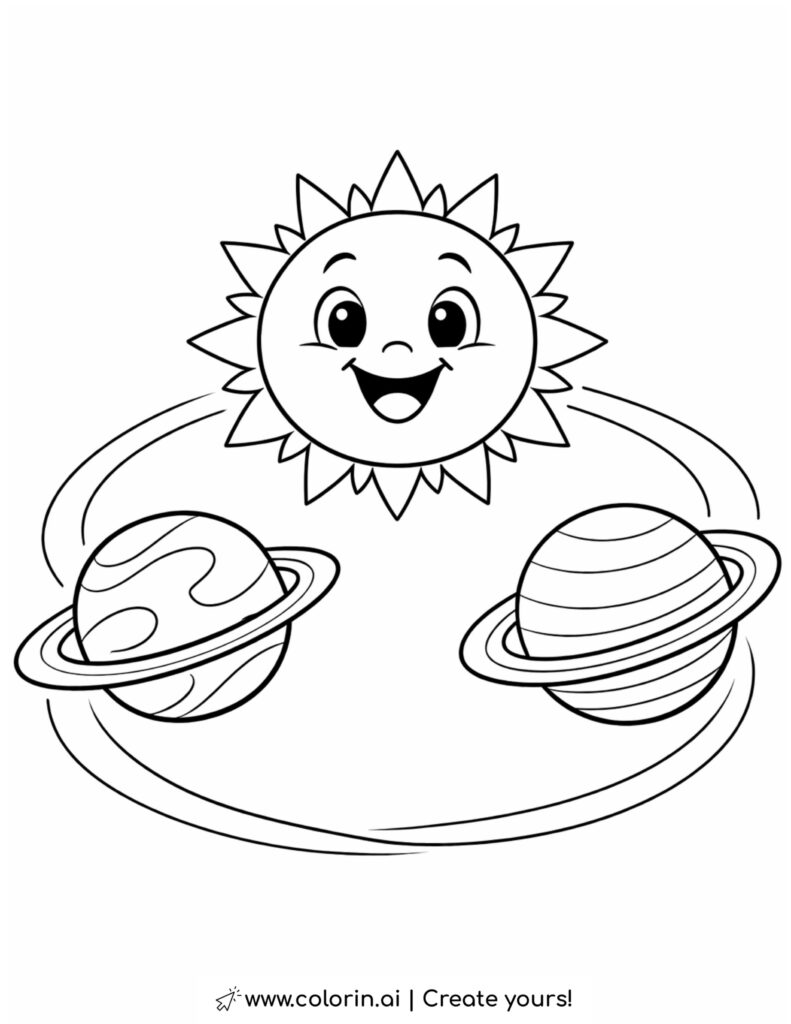 smiling sun with orbiting planets coloring page
