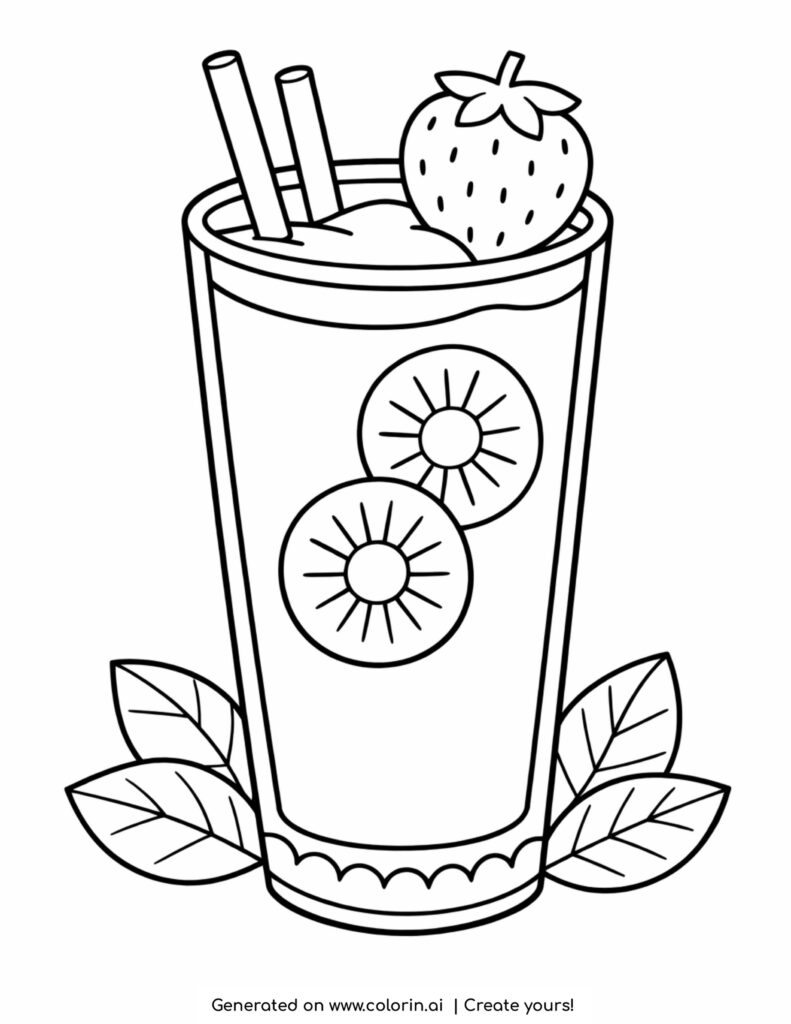 smoothie drink with strawberry kiwi slices and leaves coloring page
