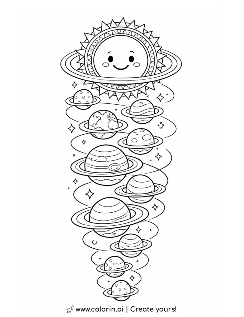 solar system spiral with smiling sun and planets coloring page
