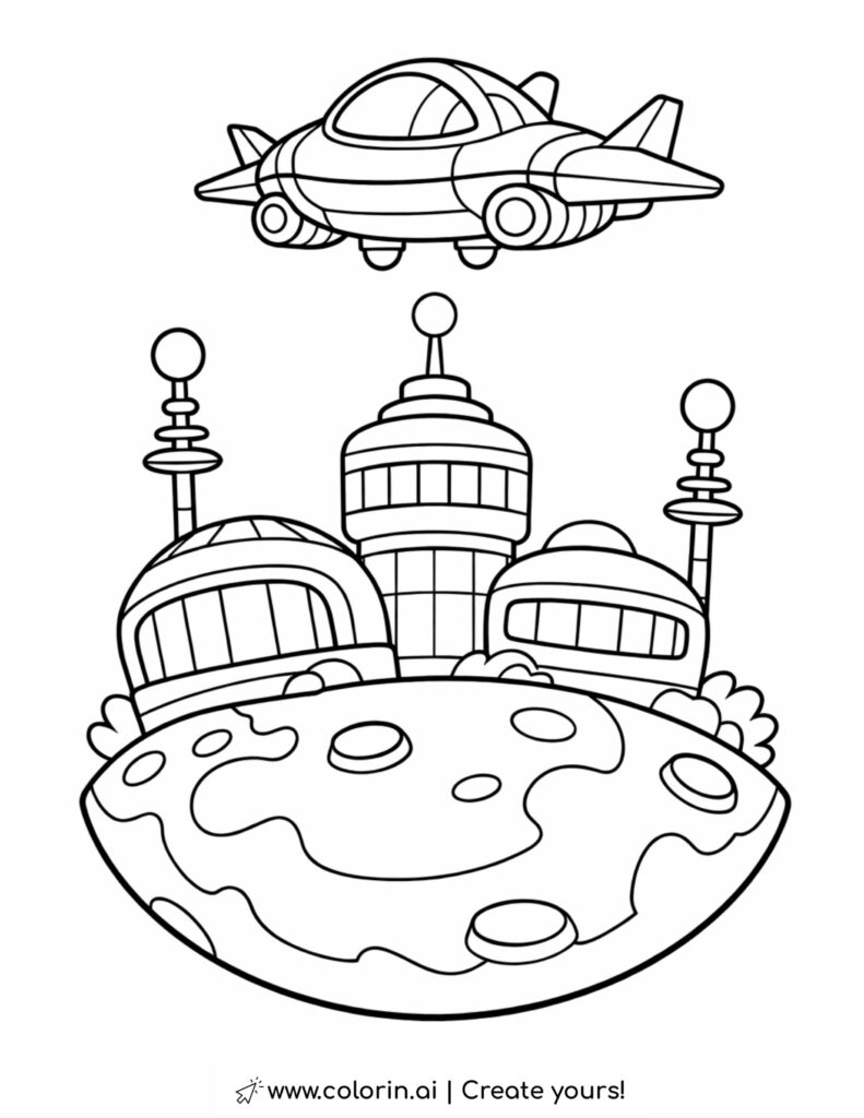 space city on small planet with UFO coloring page