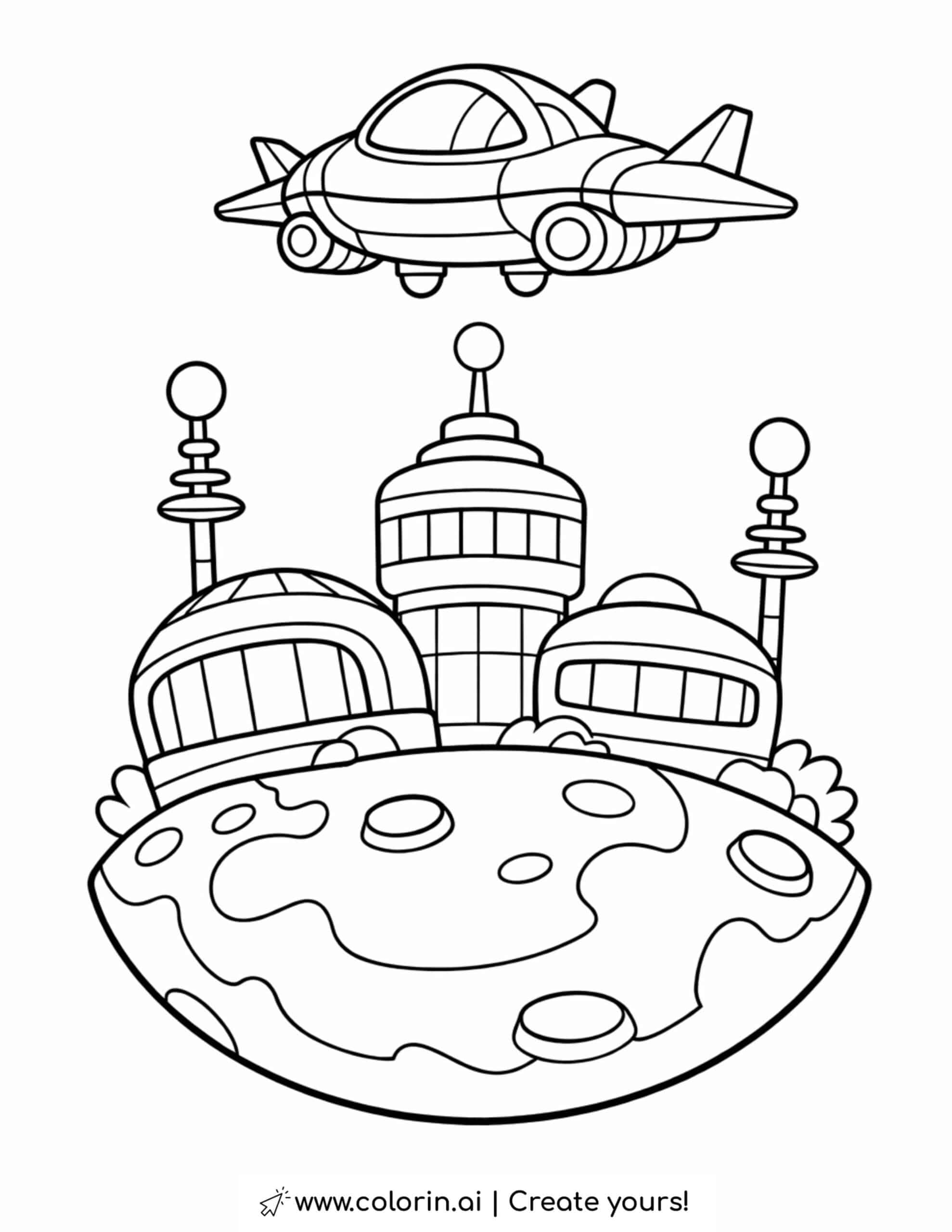 space city on small planet with UFO coloring page