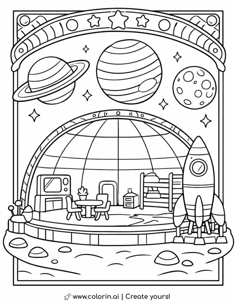 space dome base with rocket and planets coloring page