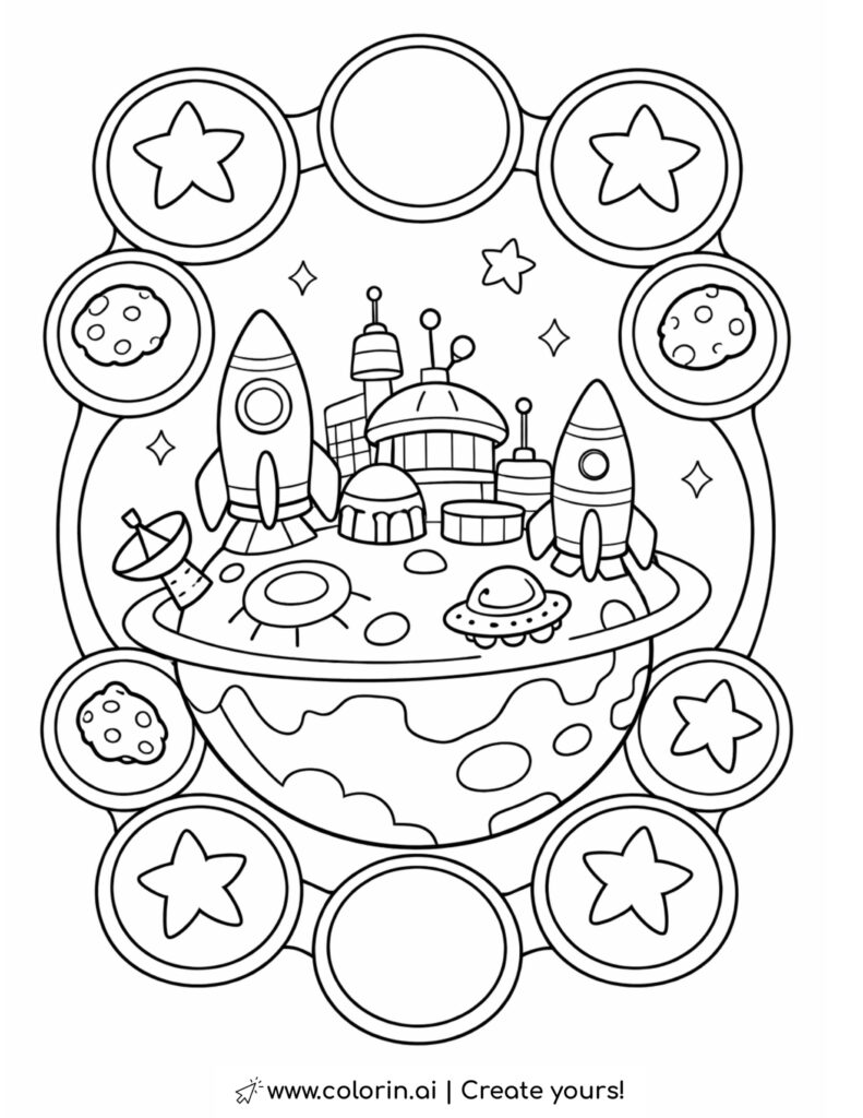 mini planet space city with rockets inside circular frame coloring page