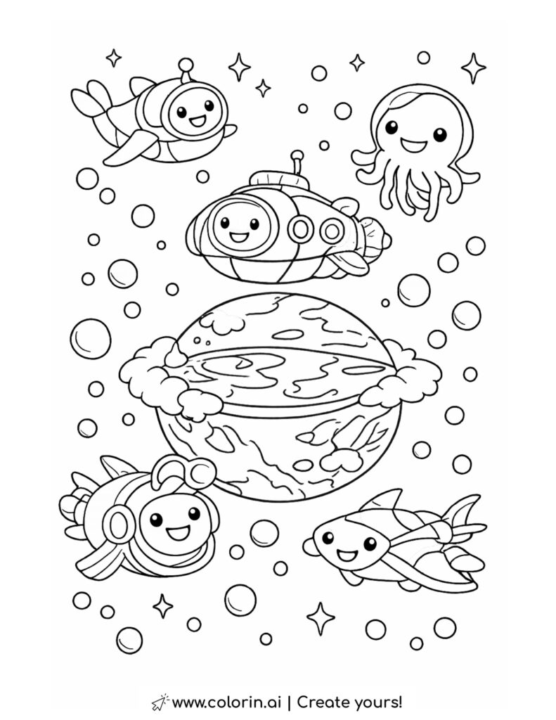 space submarine with sea creatures coloring page with a smiling submarine, cute sea animals, bubbles and stars