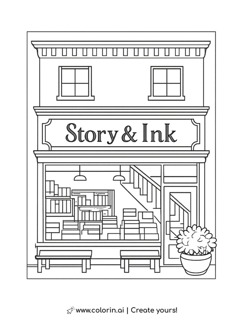 story and ink bookstore storefront coloring page featuring bookshelves and shop window coloring page