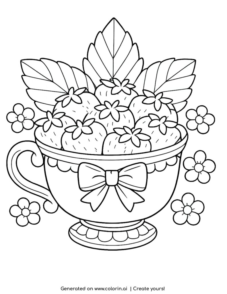 strawberries in decorative teacup with flowers and leaves coloring page