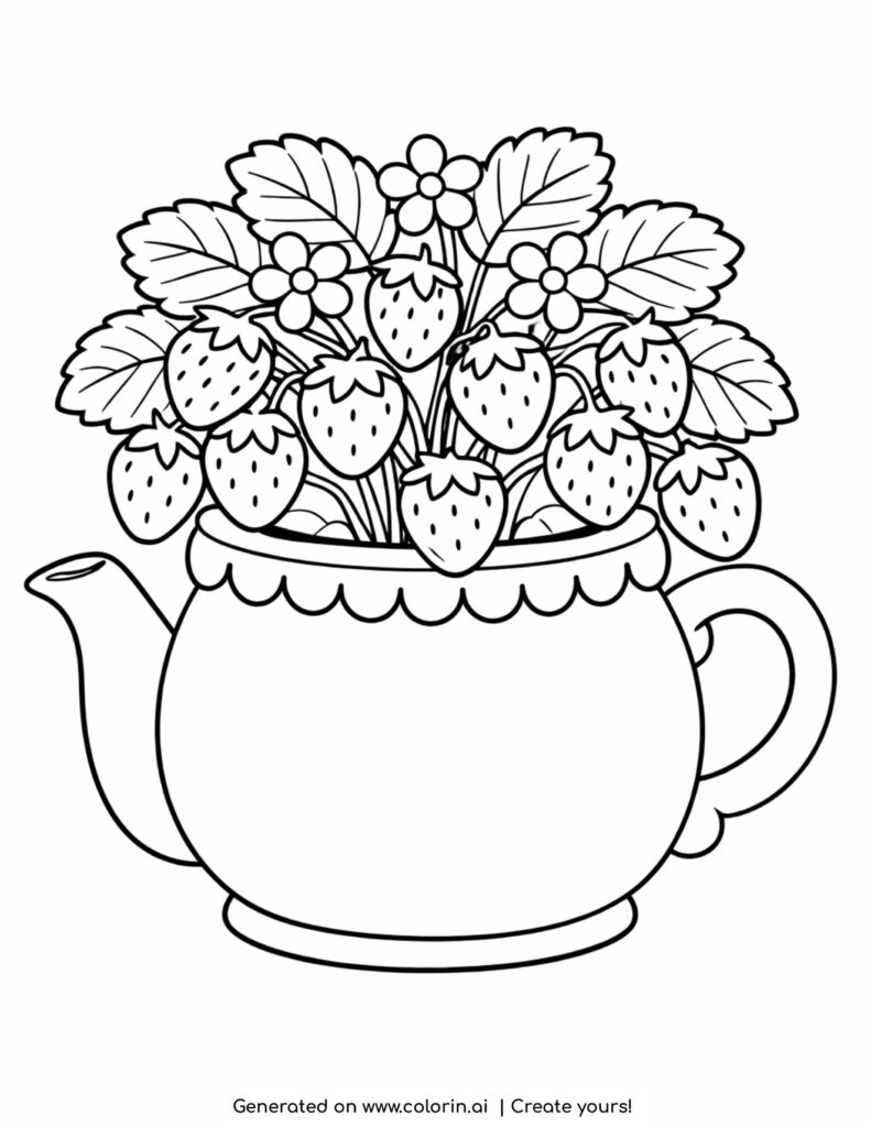 teapot filled with strawberry plant flowers and leaves coloring page