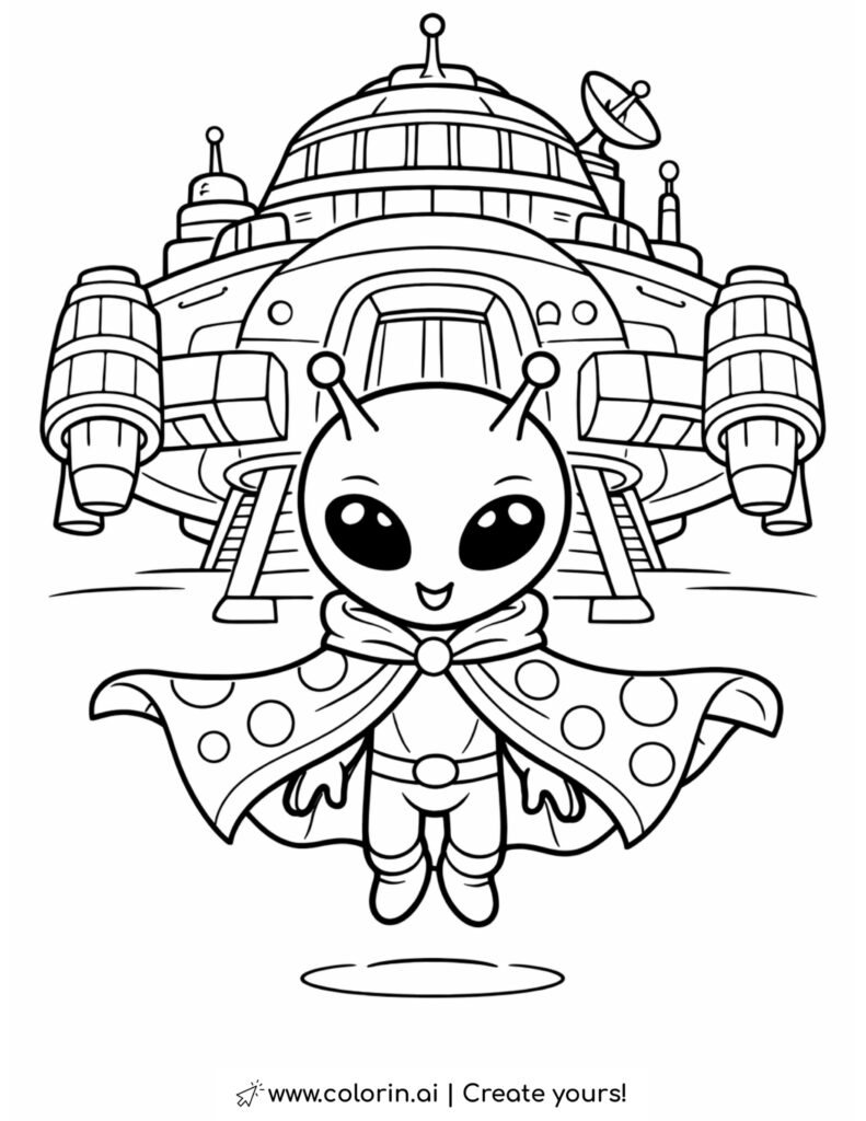 superhero alien in front of spaceship coloring page