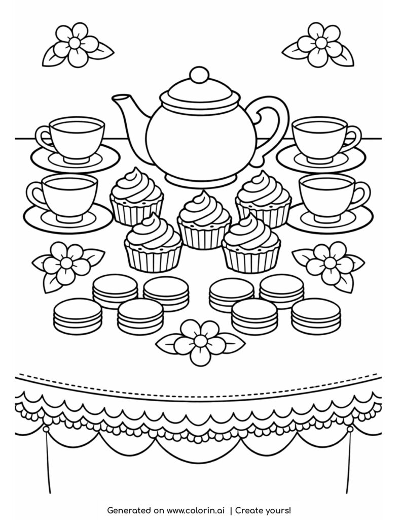tea party table with teapot cups cupcakes and macarons coloring page