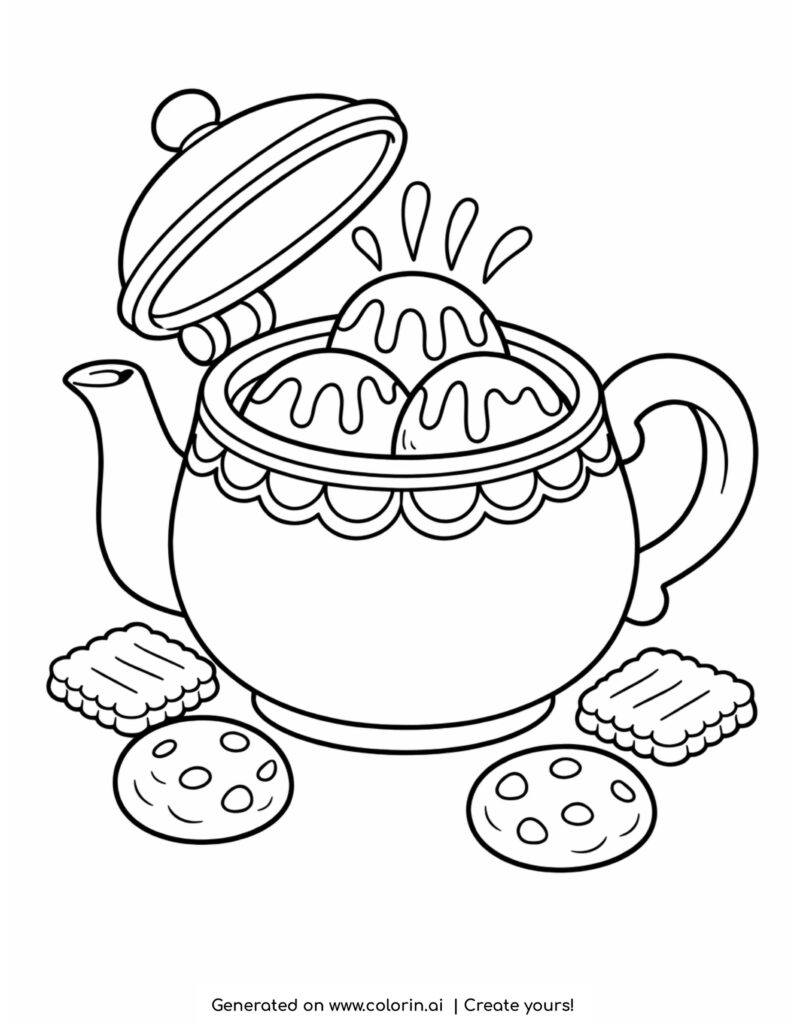 teapot filled with ice cream scoops syrup and cookies coloring page