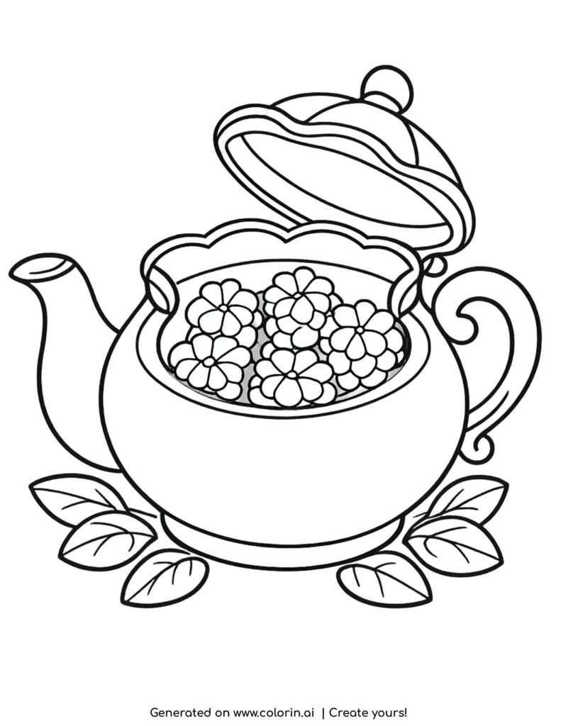 decorative teapot filled with berries and leaves coloring page