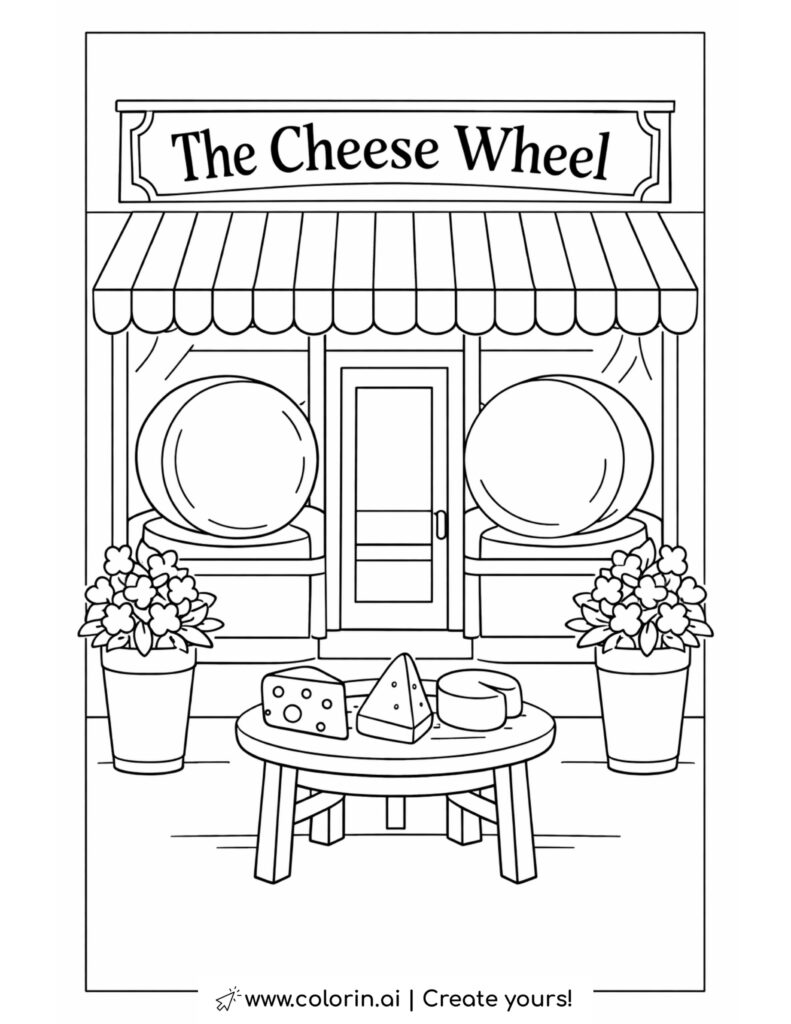 the cheese wheel shop storefront coloring page featuring cheese wheels and outdoor table coloring page
