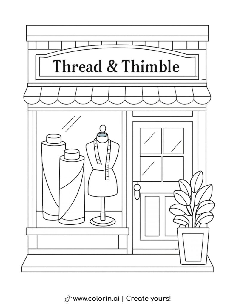 thread and thimble sewing shop coloring page featuring fabric rolls and mannequin coloring page