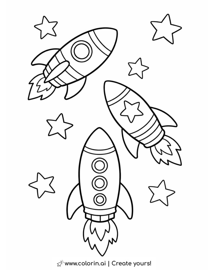 three rockets flying in space with stars coloring page