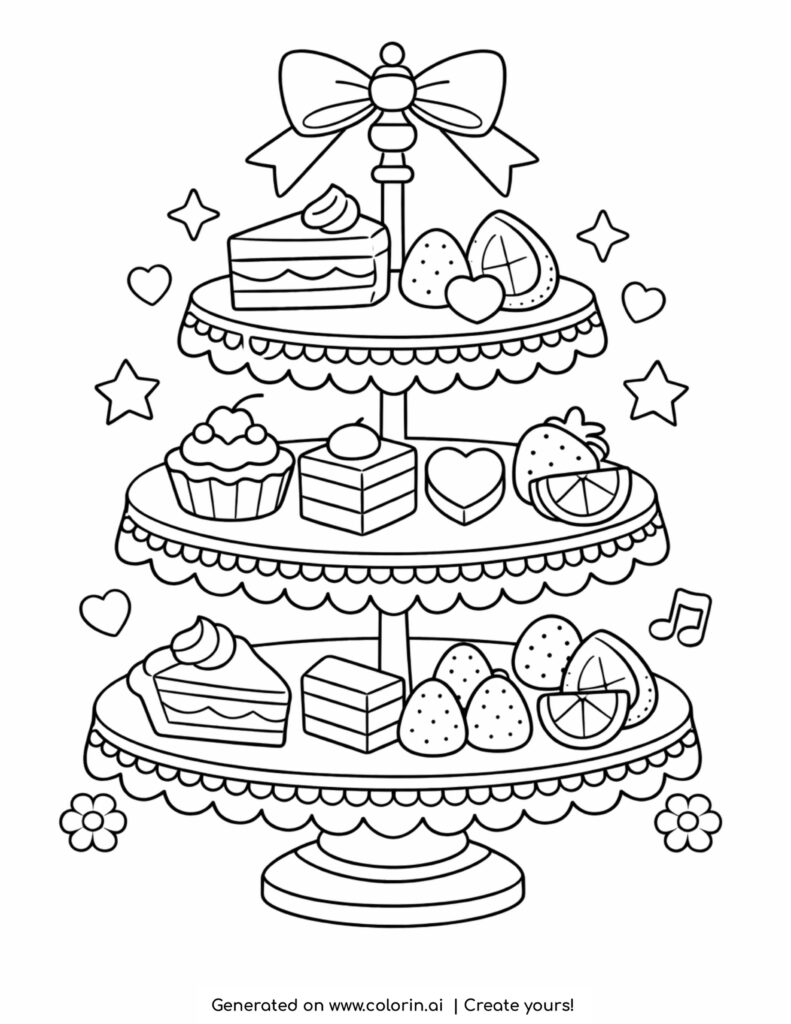 three tier dessert stand with cakes fruits and decorations coloring page