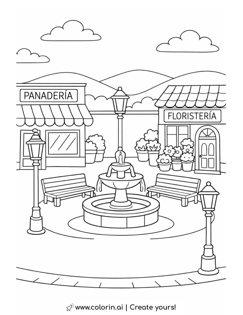 town square with bakery and florist coloring page featuring fountain benches and shop fronts coloring page