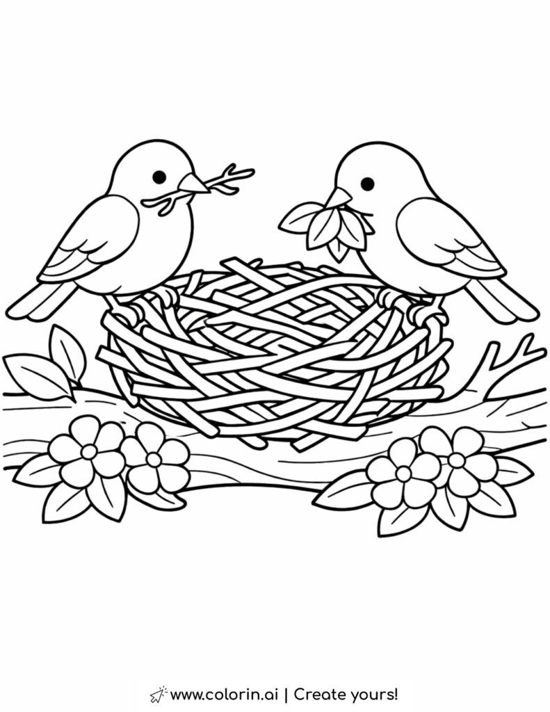 two birds building nest on branch coloring page with flowers and twigs coloring page