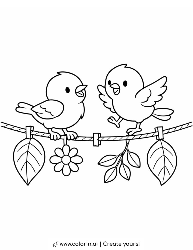 two birds playing on hanging rope coloring page with leaves and flower decoration coloring page