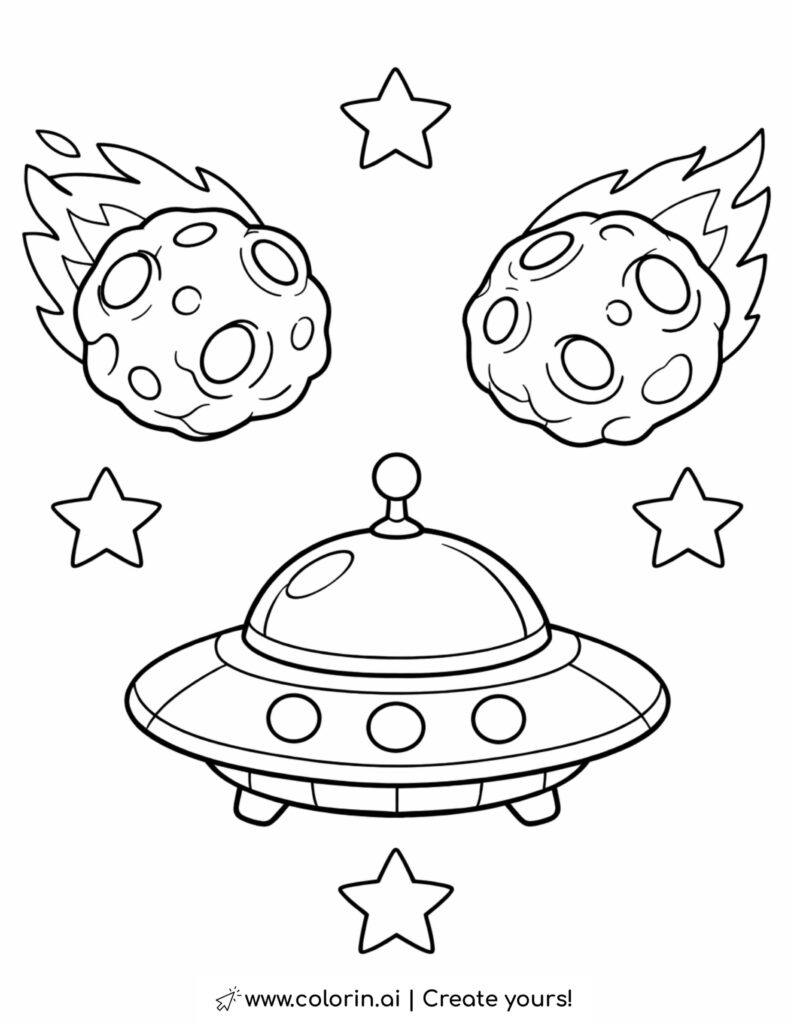 ufo with meteors and stars coloring page