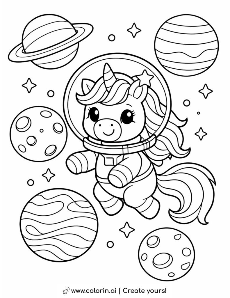 unicorn astronaut floating among planets coloring page