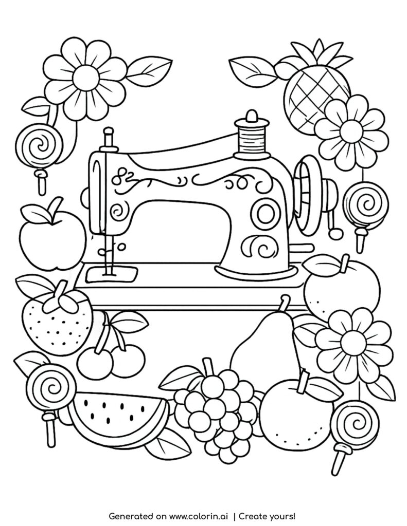 vintage sewing machine surrounded by fruits flowers and candies coloring page