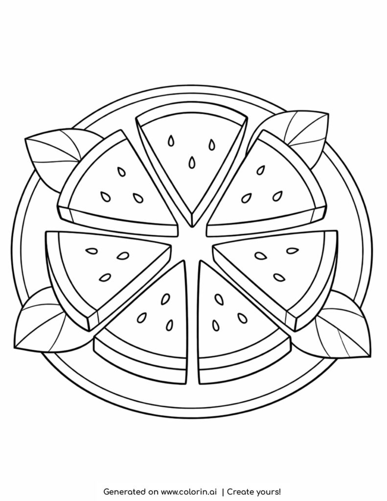 plate with watermelon slices arranged in circle and decorative leaves coloring page