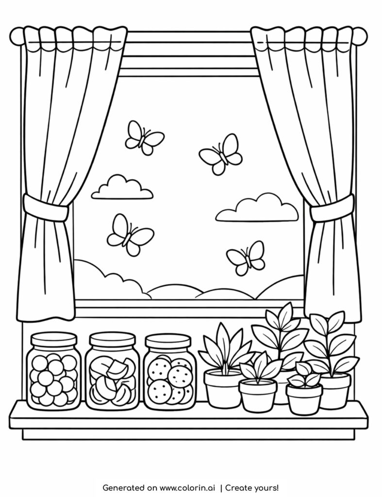 window with curtains jars of sweets plants and butterflies coloring page