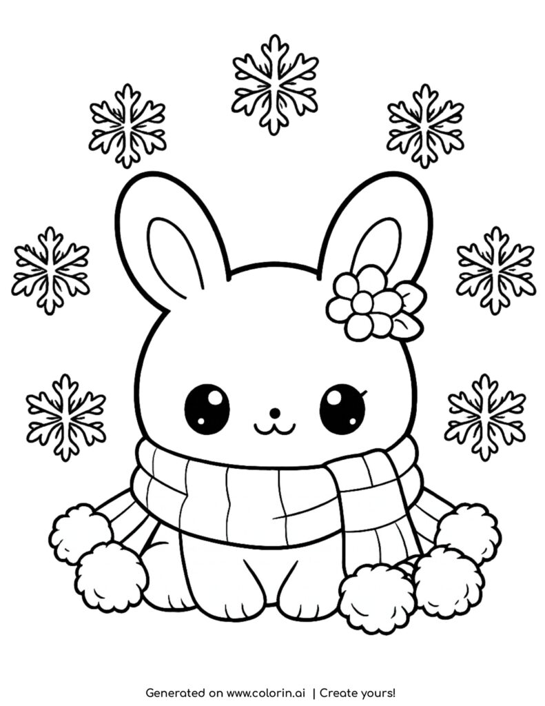 cute bunny with scarf and snowflakes coloring page