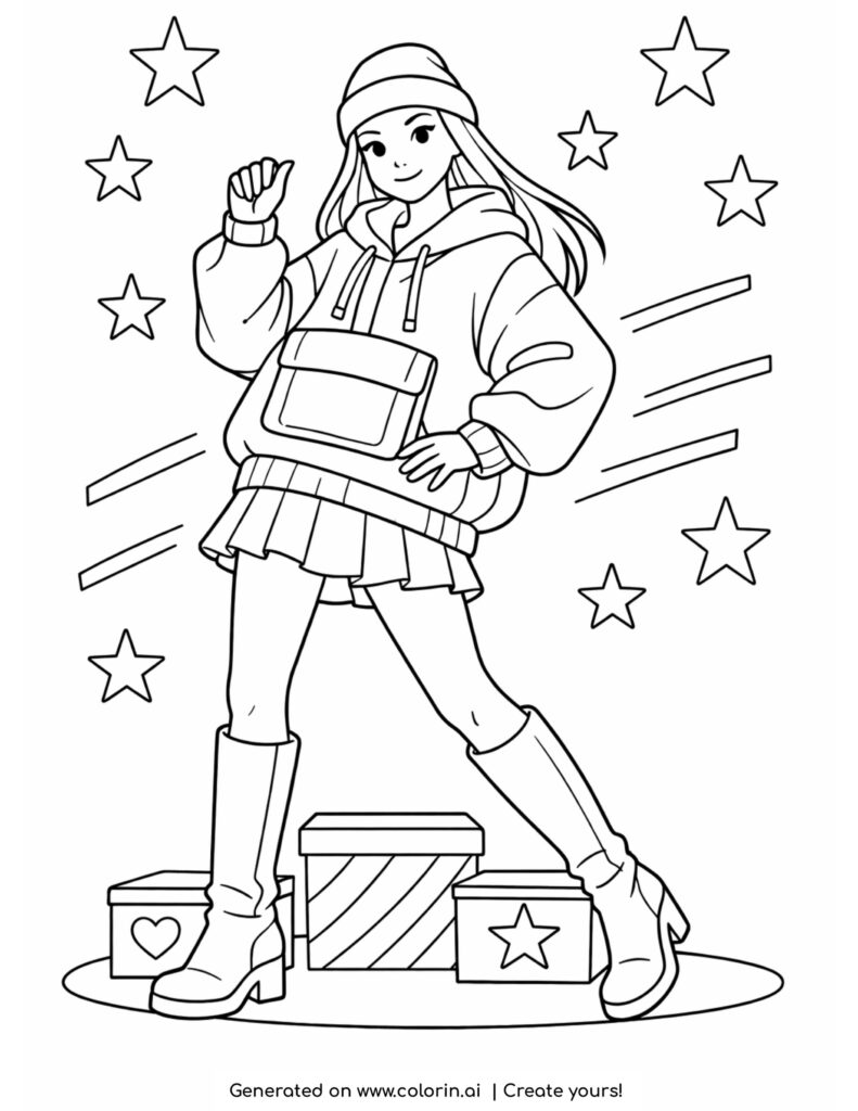 woman in streetwear outfit posing coloring page with stars and dynamic lines coloring page
