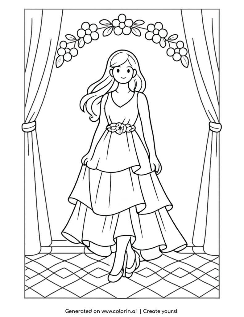 woman walking in layered dress on stage coloring page with curtains and floral arch coloring page