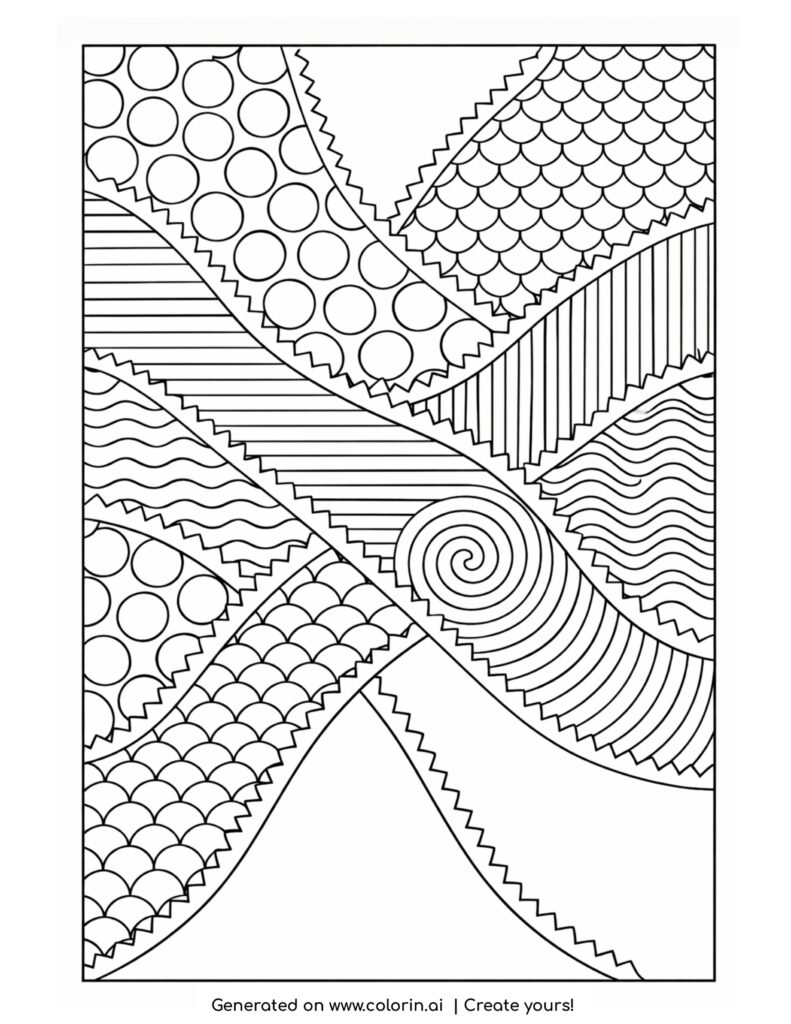 abstract crossing wavy paths coloring page with spiral center and geometric patterns