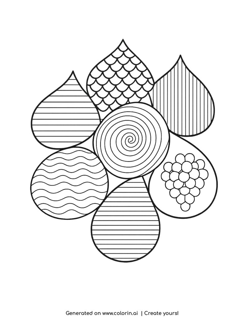 abstract droplet shapes with patterns coloring page with spiral and geometric designs
