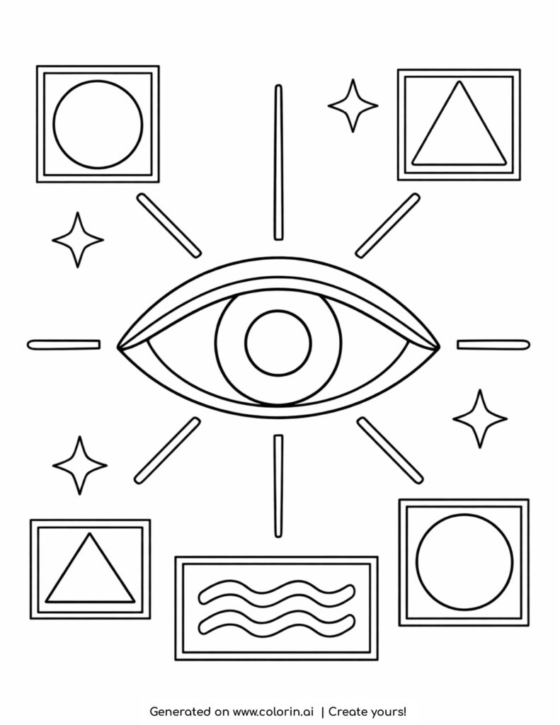 abstract eye with geometric shapes coloring page featuring stars lines and framed shapes