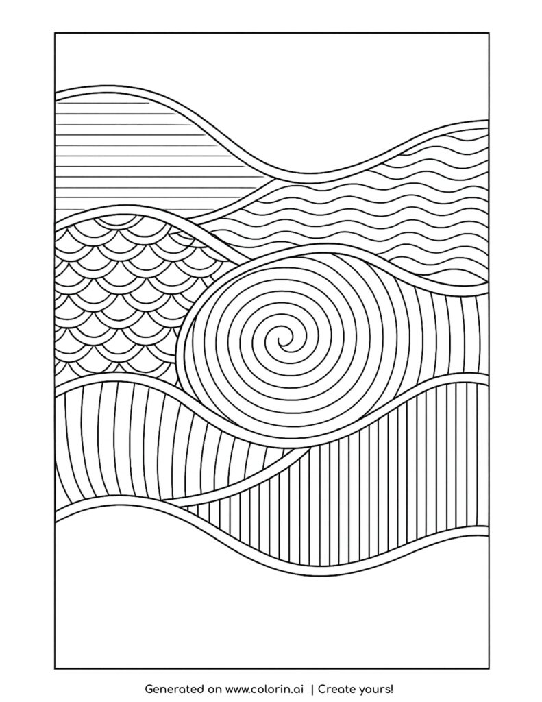 abstract wavy patterns with spiral coloring page with flowing lines and sections