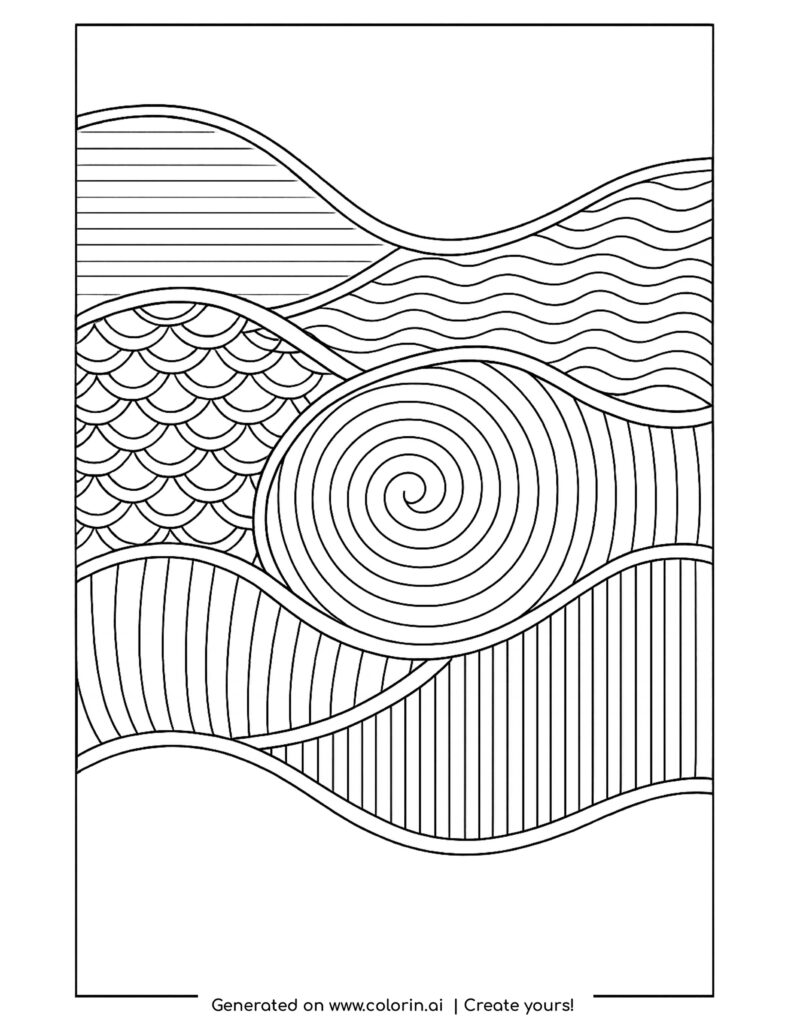 abstract wavy patterns with spiral coloring page with flowing lines and sections