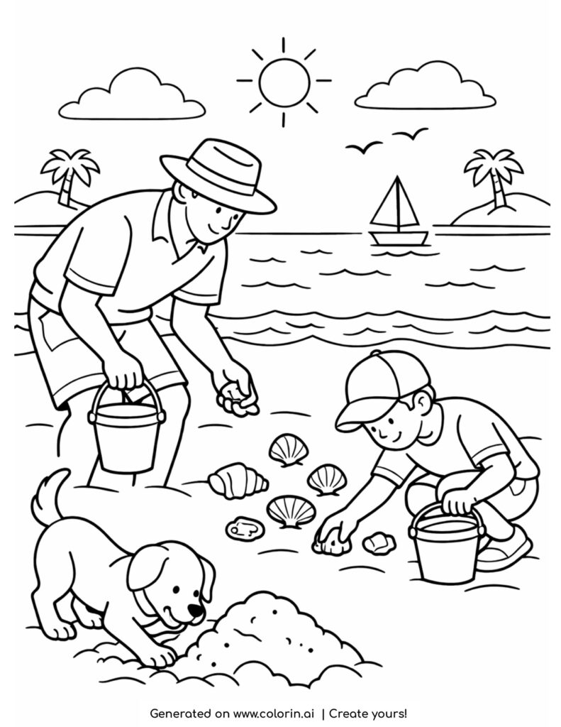 adult and child collecting shells on beach coloring page with dog playing in sand coloring page