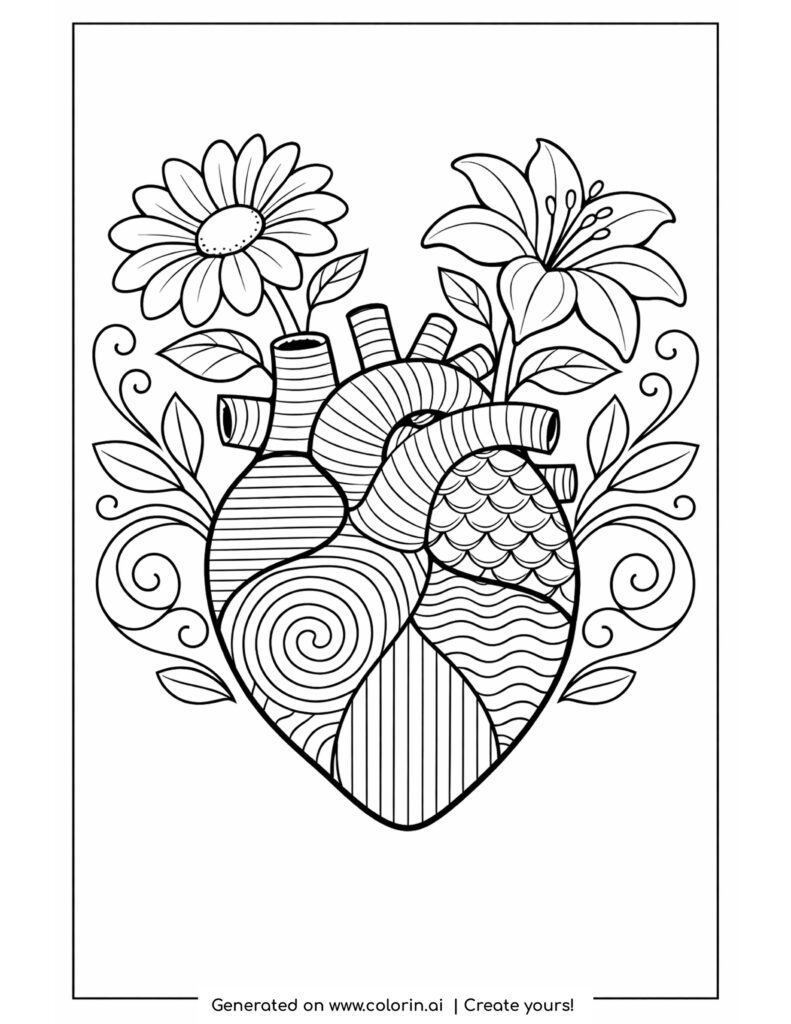 anatomical heart with flowers growing coloring page with leaves and patterned details