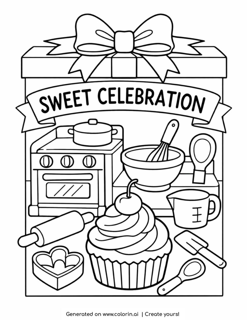 baking set with cupcake in gift box coloring page with utensils and sweet treats