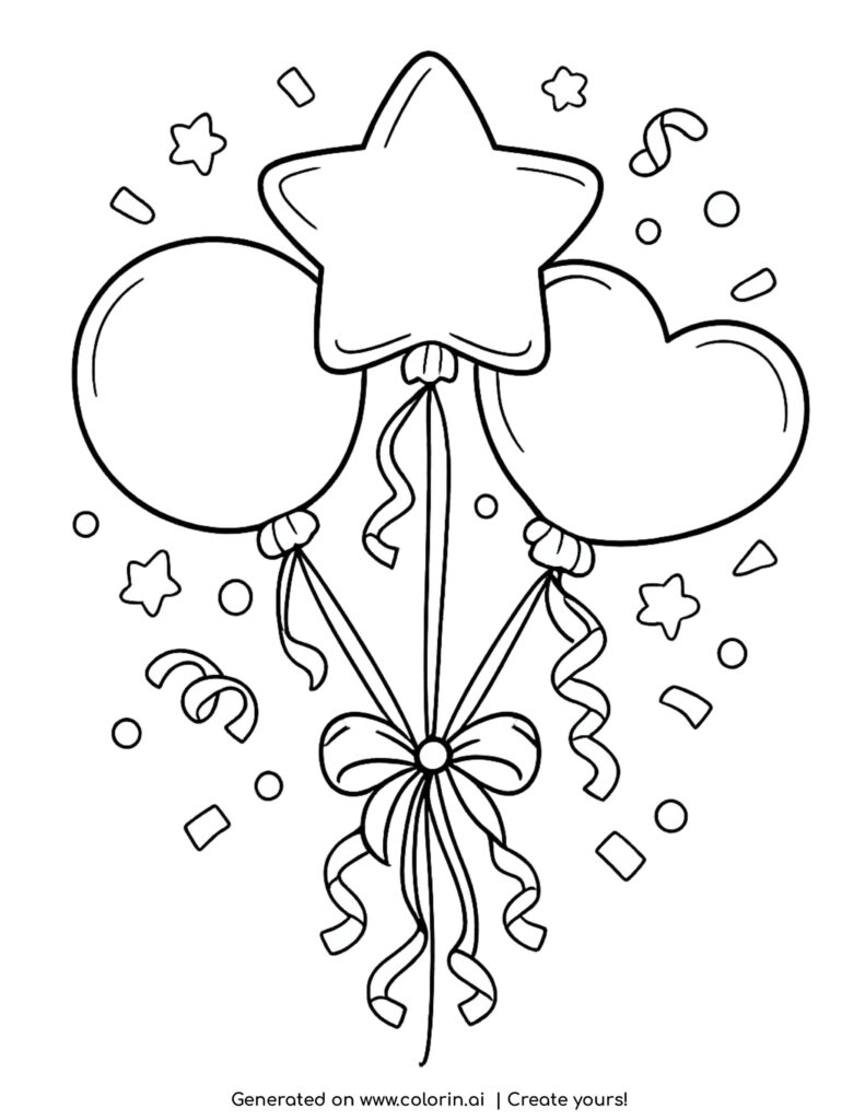 balloon bouquet with ribbons coloring page with star and heart balloons and confetti