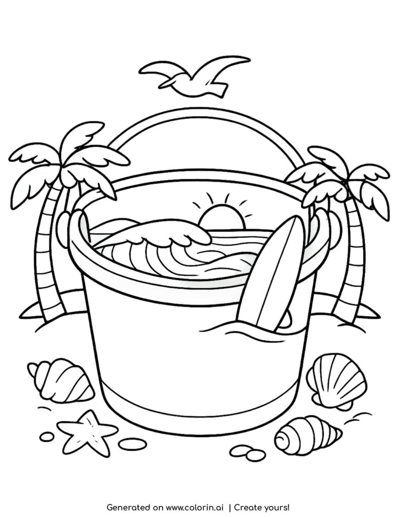 beach bucket with ocean scene coloring page with surfboard and palm trees