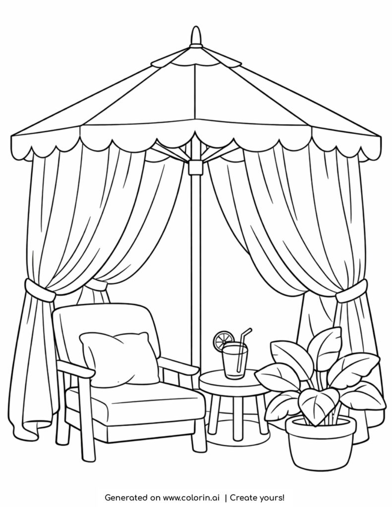 beach canopy lounge with chair coloring page with curtains table and plant
