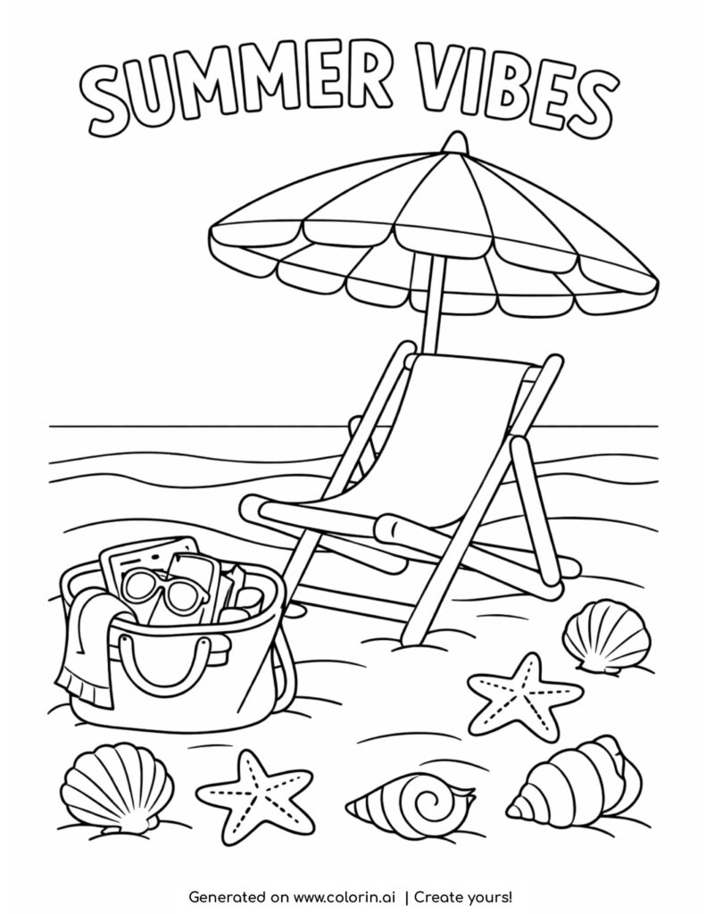 beach chair under umbrella summer vibes coloring page with shells and seaside scene