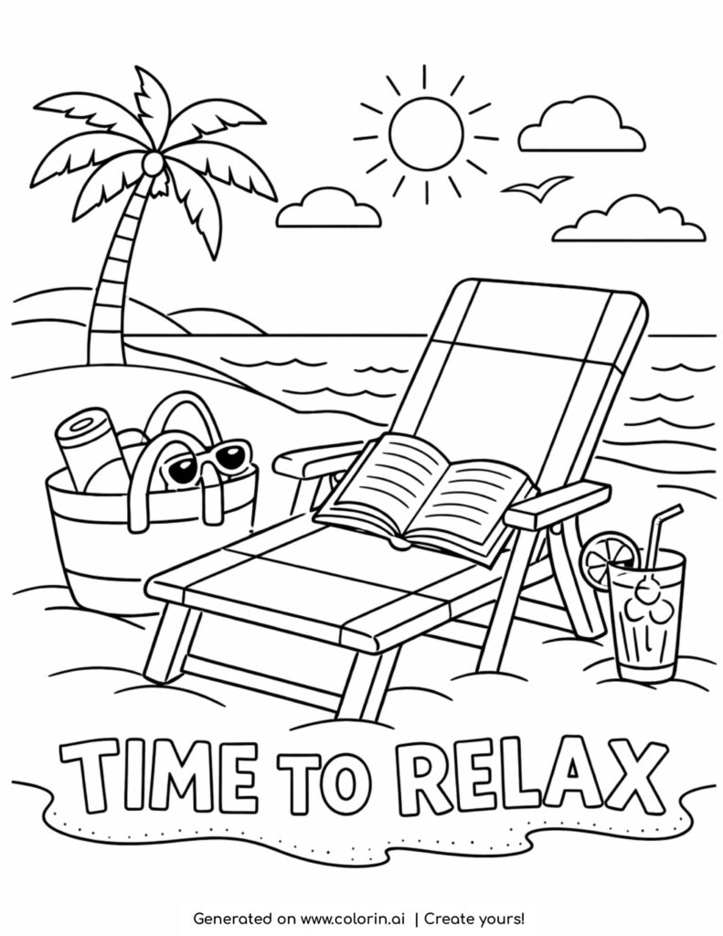 beach chair with book by ocean coloring page with palm tree drink and bag